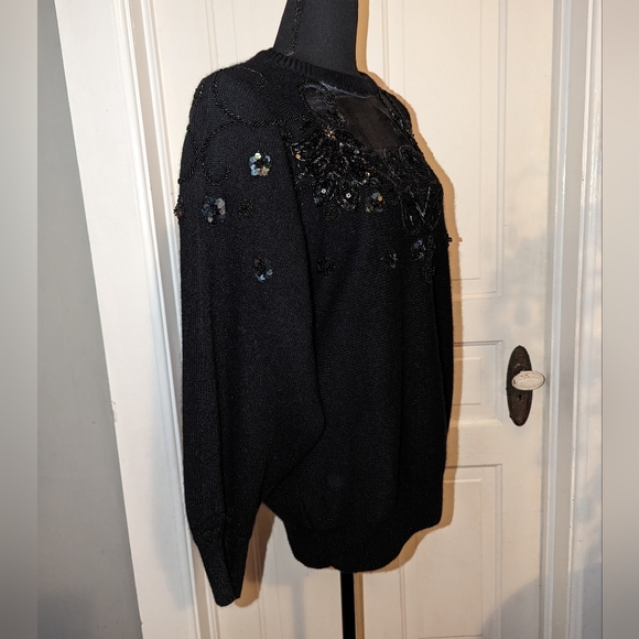 Eugenia by Angenie Lambswool Angora Beaded Sequined Black Sweater Medium Vintage - Picture 2 of 12